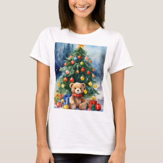 Festive Christmas Teddy Bear Print T-Shirt – Holid