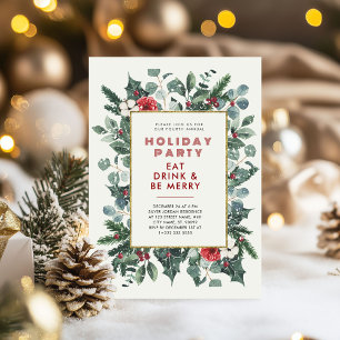 Festive Christmas Theme Floral Frame Holiday Party Invitation