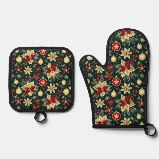 Festive Christmas Theme Poinsettia Pattern Oven Mitt & Pot Holder Set (Front)