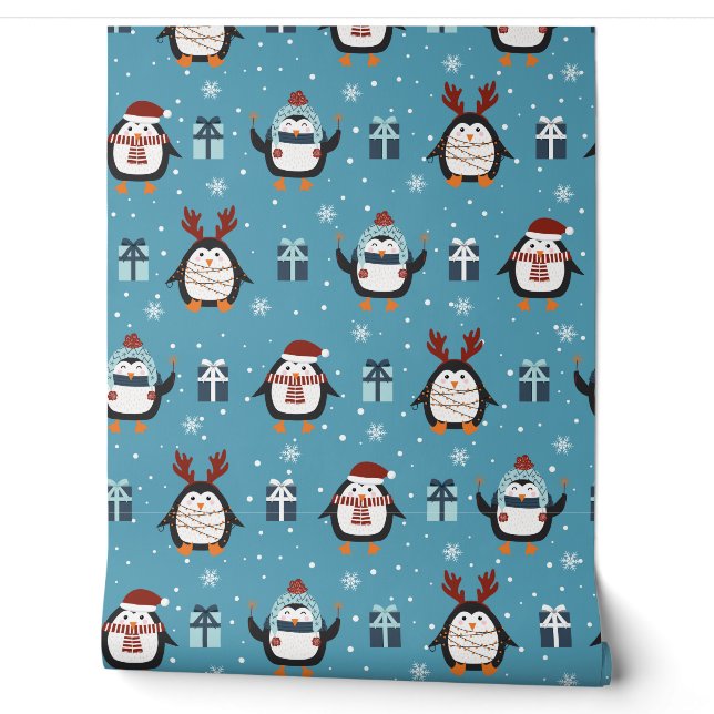 Festive Christmas tiled pattern penguin Wallpaper (Unrolling)
