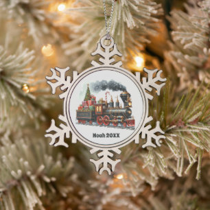 Festive Christmas train add name date Snowflake Pewter Christmas Ornament