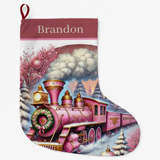 Festive Christmas train add name Large Christmas Stocking (Front)