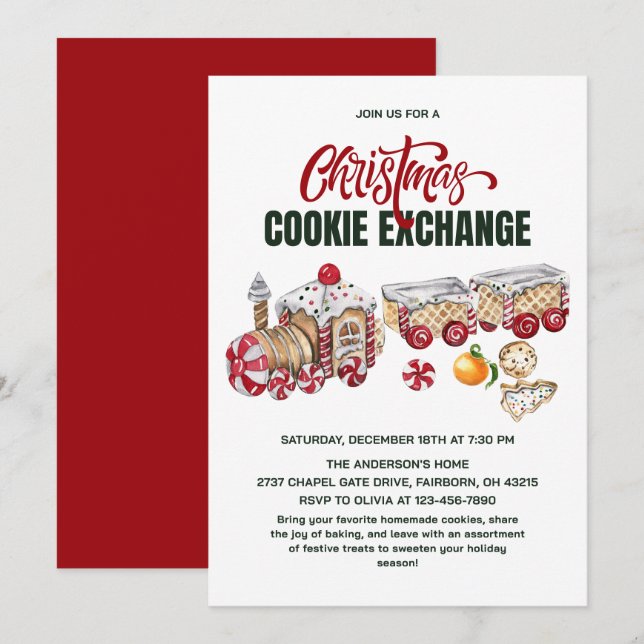 Festive Christmas Train Cookies Exchange Party Invitation (Front/Back)