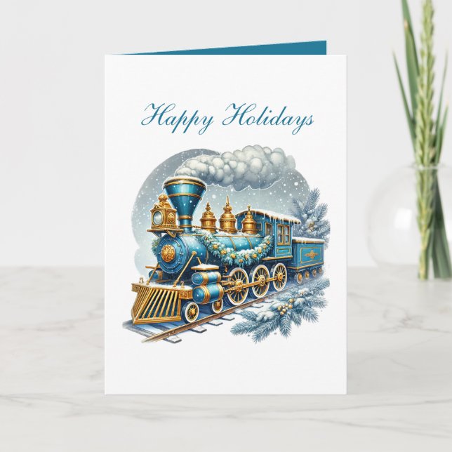 Festive Christmas train customisable Holiday Card (Front)