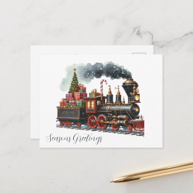 Festive Christmas trains add message Holiday Postcard (Front/Back In Situ)
