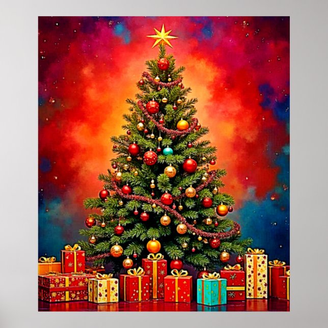 Festive Christmas Tree and Gifts Art Poster (Front)