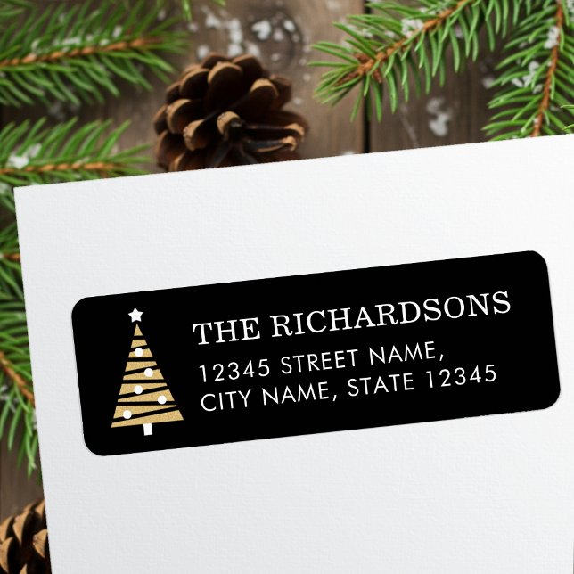 Festive Christmas Tree Black Gold Return Address Label (Creator Uploaded)