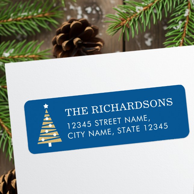 Festive Christmas Tree Blue Gold Return Address Label (Creator Uploaded)