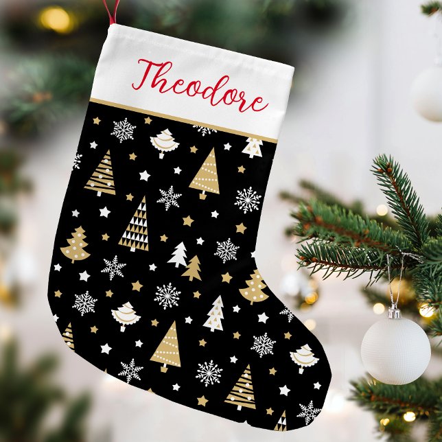 Festive Christmas Tree Custom Name Black Small Christmas Stocking (Creator Uploaded)