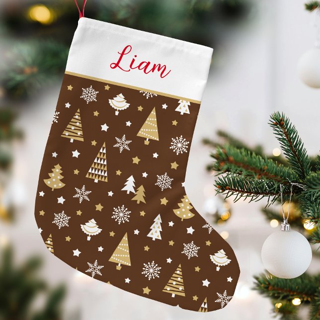 Festive Christmas Tree Custom Name Brown Small Christmas Stocking (Creator Uploaded)