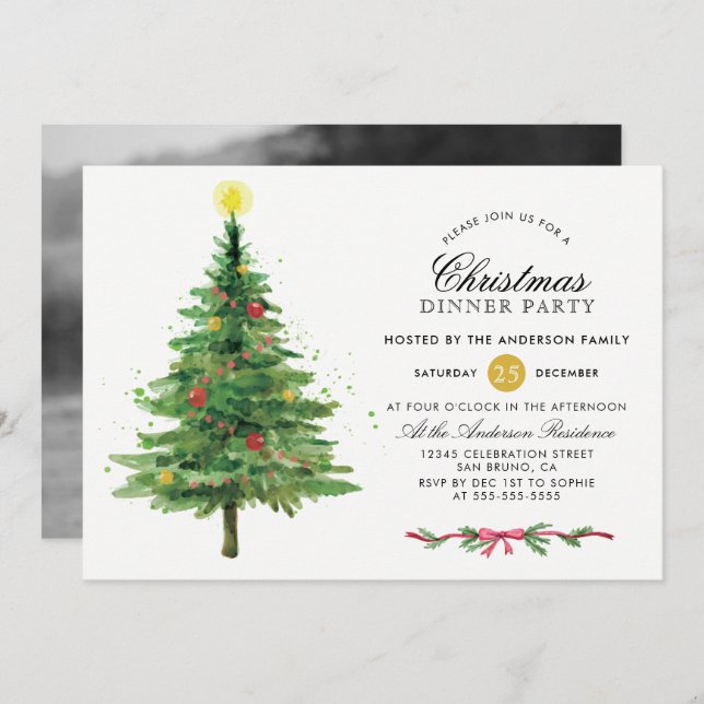 Festive Christmas Tree Holiday Dinner Party Photo Invitation (Front/Back)