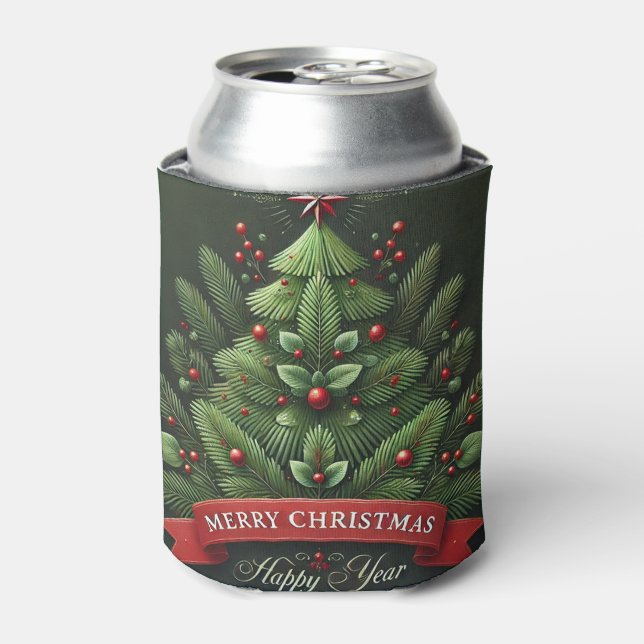 Festive Christmas Tree Illustration Can Cooler (Can Front)