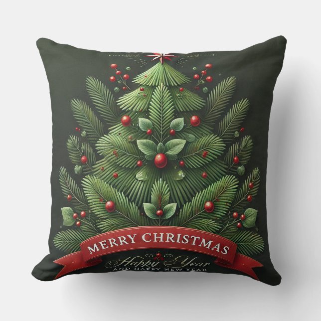 Festive Christmas Tree Illustration Cushion (Front)