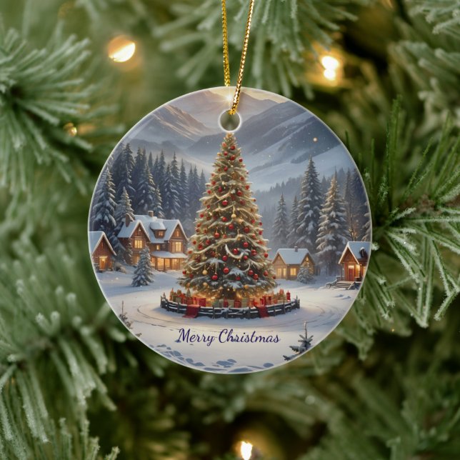 Festive Christmas tree in a mountain village Ceramic Ornament (Tree)