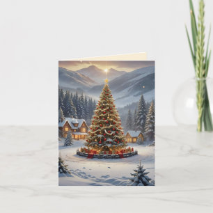 Festive Christmas tree in a mountain village Holiday Card