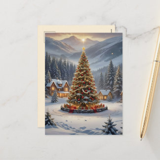 Festive Christmas tree in a mountain village Holiday Postcard