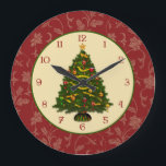 Festive Christmas Tree Large Clock<br><div class="desc">Festive decorated vintage Christmas tree on round label with red and gold damask background with custom font numbered dial.</div>