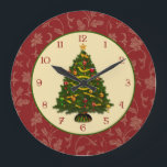 Festive Christmas Tree Large Clock<br><div class="desc">Festive decorated vintage Christmas tree on round label with red and gold damask background with custom font numbered dial.</div>