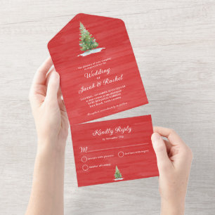 Festive Christmas Tree on Watercolor Red Wedding All In One Invitation