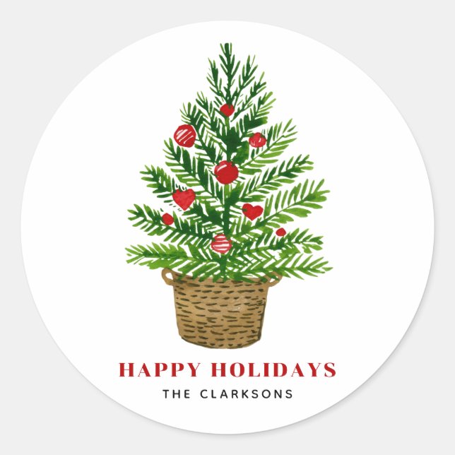 Festive Christmas Tree on Wicker Basket Holiday Classic Round Sticker (Front)
