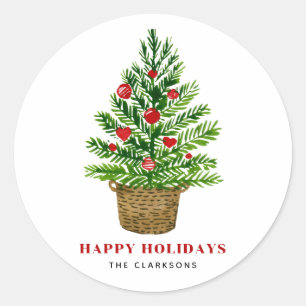 Festive Christmas Tree on Wicker Basket Holiday Classic Round Sticker