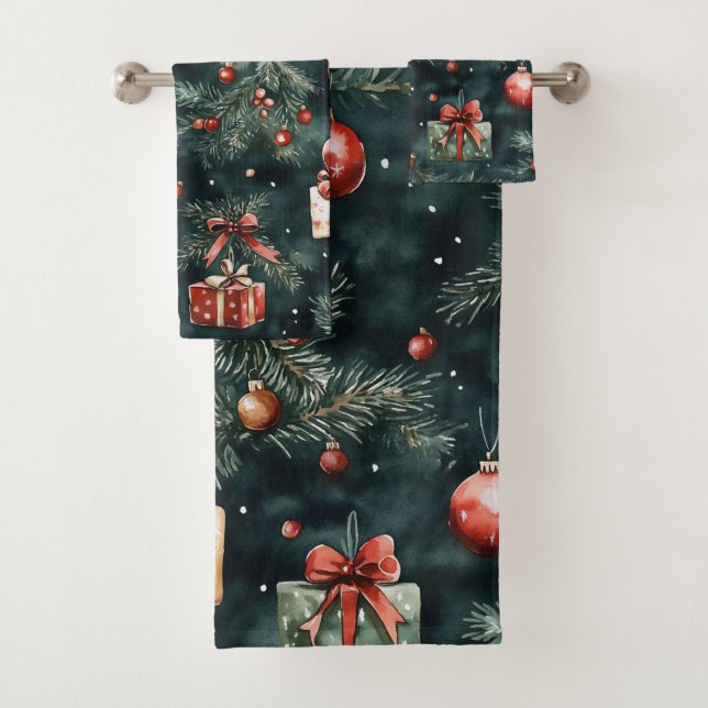 Festive Christmas Tree Ornaments and Gifts Pattern Bath Towel Set (Insitu)