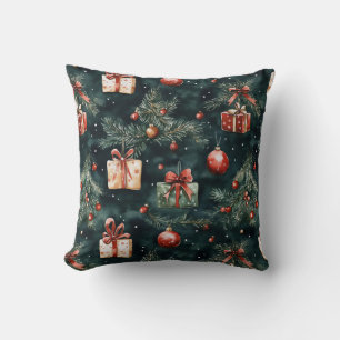 Festive Christmas Tree Ornaments and Gifts Pattern Cushion