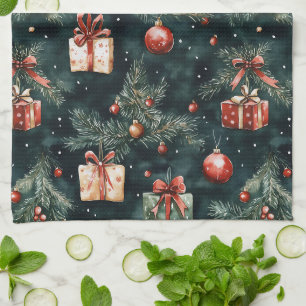 Festive Christmas Tree Ornaments and Gifts Pattern Tea Towel