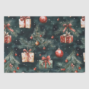 Festive Christmas Tree Ornaments and Gifts Pattern Tissue Paper