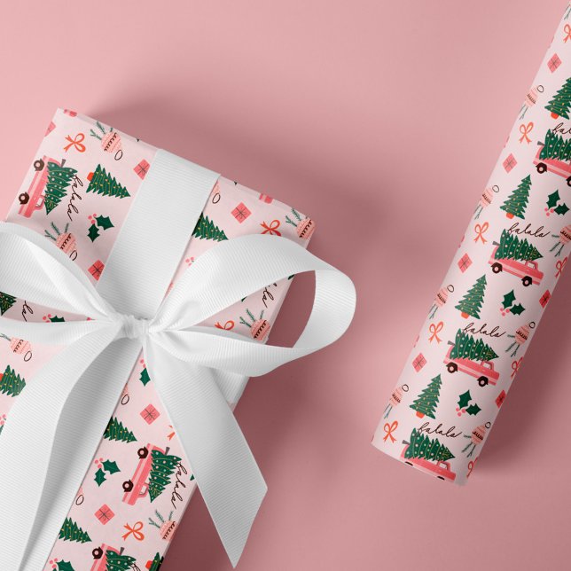 Festive Christmas Tree Pink Vintage Retro Van Wrapping Paper (Festive Christmas Tree Pink Vintage Retro Van Wrapping Paper)