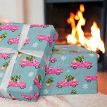 Festive Christmas tree pink watercolor truck Wrapping Paper<br><div class="desc">Festive Christmas tree pink watercolor truck illustration with a Scandinavian style Christmas tree ,  snowflake and cool pink watercolor  truck on teal blue.</div>