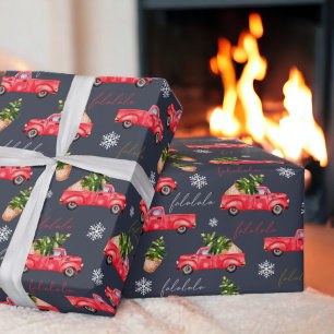Festive Christmas tree red watercolor truck navy Wrapping Paper