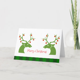 Festive Christmas Tree Reindeer Ornament Red Green Holiday Card