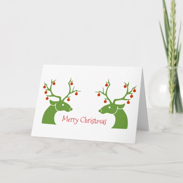 Festive Christmas Tree Reindeer Ornament Red Green Holiday Card (Front)