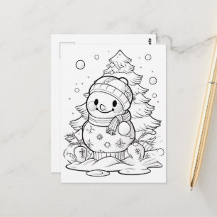 festive Christmas tree snowman kid colouring Postcard