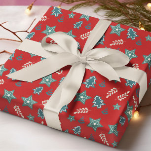 Festive Christmas Tree Star Modern Red Green  Wrapping Paper