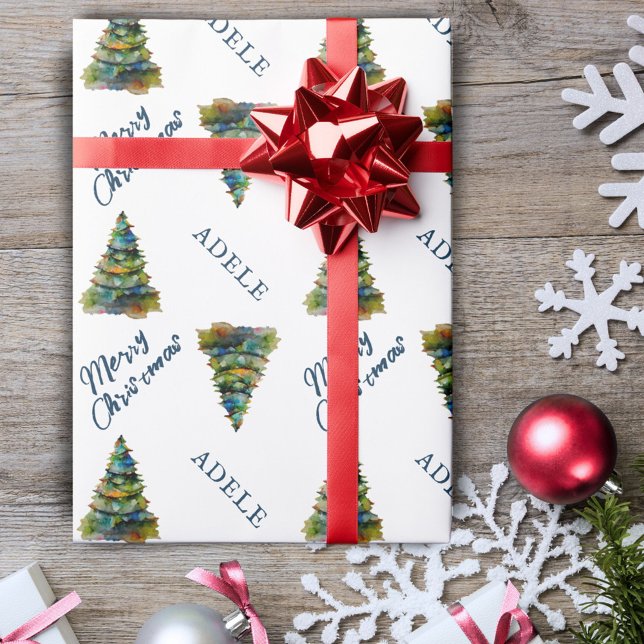 Festive Christmas Tree Watercolor Holiday  Wrapping Paper (Creator Uploaded)