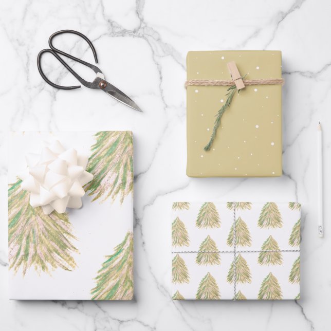 Festive Christmas Tree Watercolor Holiday  Wrapping Paper Sheet (Front)