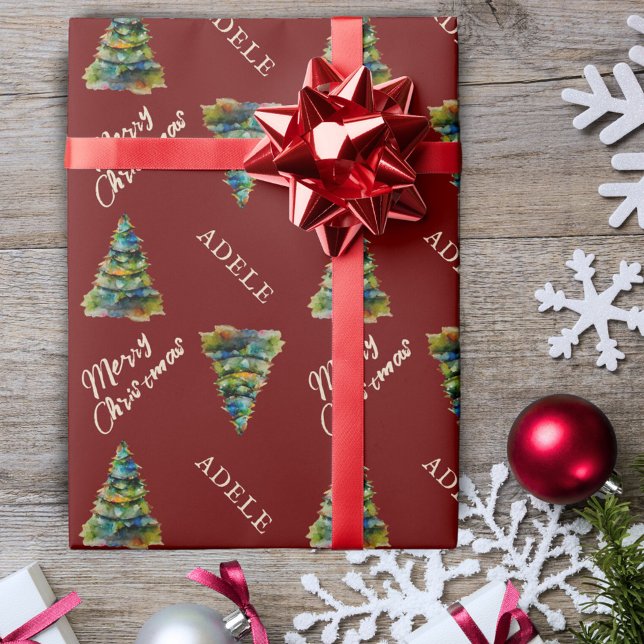 Festive Christmas Tree Watercolor Red Holiday Wrapping Paper (Creator Uploaded)