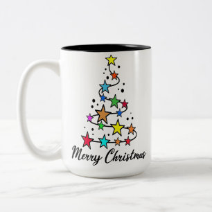 Festive Christmas tree with colourful stars Two-Tone Coffee Mug