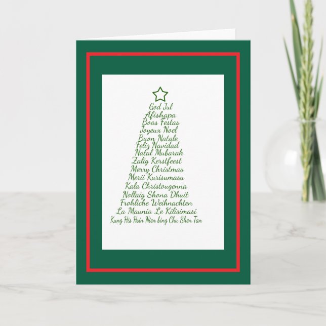 Festive Christmas tree with multilingual greetings Holiday Card (Front)