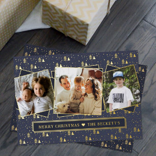Festive Christmas Trees 3 Photo Collage Real Foil Holiday Card