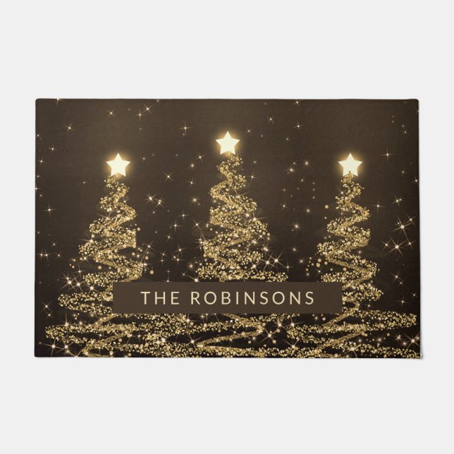 Festive Christmas Trees Gold w/ Family Name  Doormat (Front)