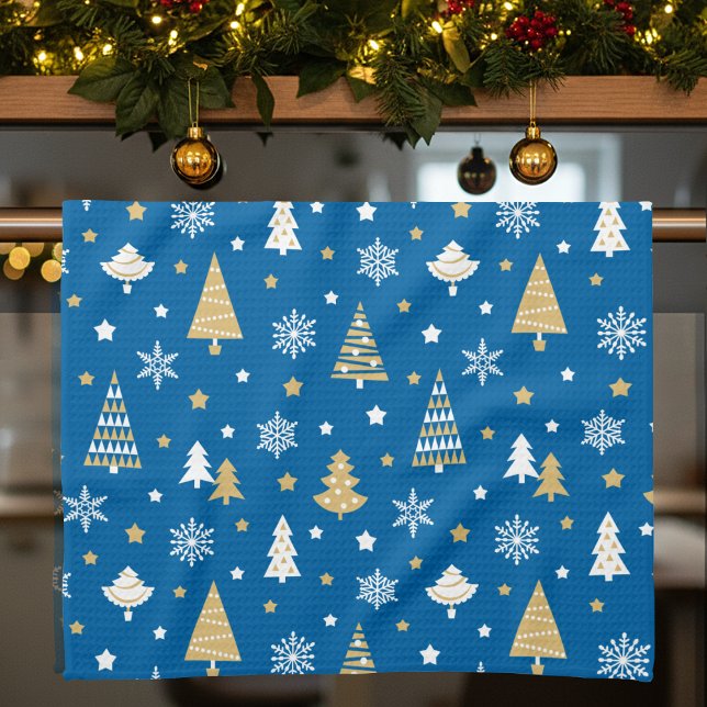 Festive Christmas Trees Snowflakes Blue Tea Towel (Creator Uploaded)