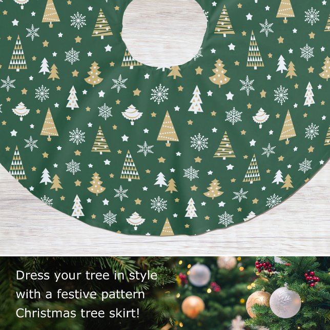 Festive Christmas Trees Snowflakes Dark Green Brushed Polyester Tree Skirt (Creator Uploaded)