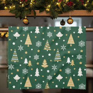 Festive Christmas Trees Snowflakes Dark Green Tea Towel