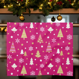 Festive Christmas Trees Snowflakes Pattern Pink Tea Towel