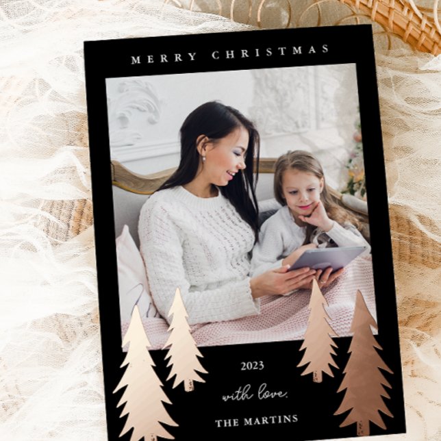 Festive Christmas Trees Two Photo Black Foil Holiday Card (Creator Uploaded)
