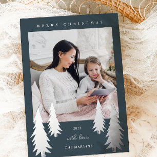 Festive Christmas Trees Two Photo Blue Foil Holiday Card