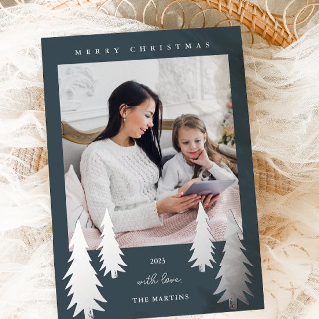 Festive Christmas Trees Two Photo Blue Foil Holiday Card (Creator Uploaded)